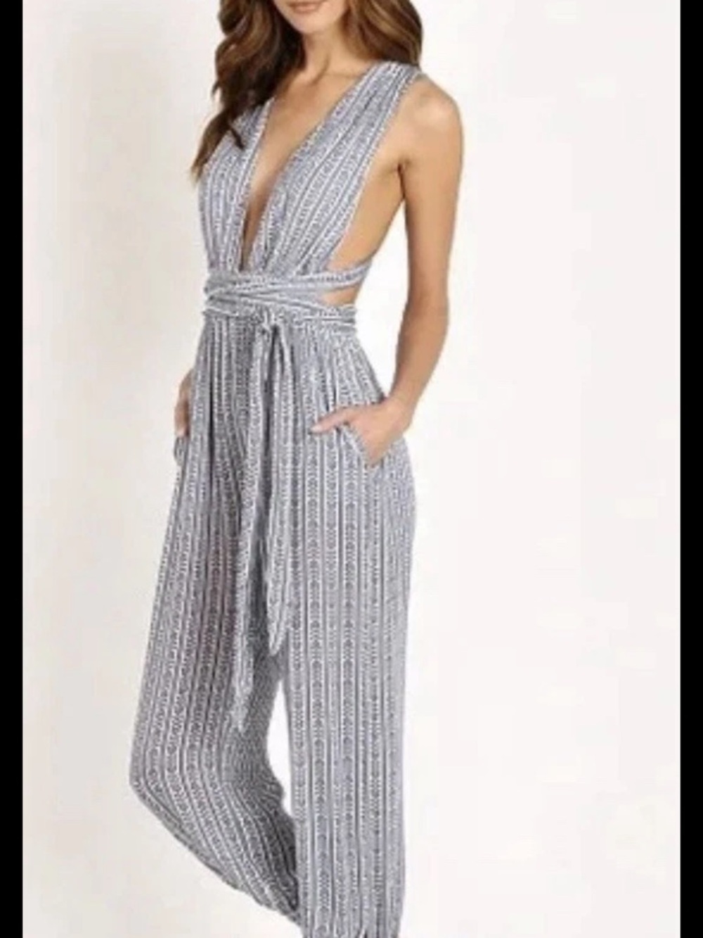Mara Hoffman Striped Deep-V Sleeveless Jumpsuit in Light Gray